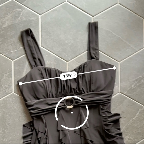 VTG Y2K 2000s Black Ruffle Ruched Bust Rhinestone Metal Hoop Dress - Picture 7 of 9